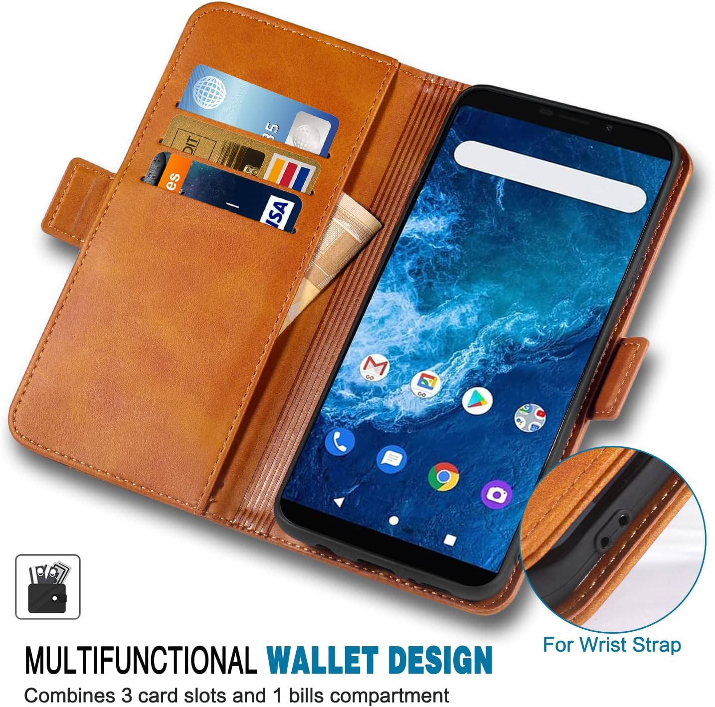 Compatible con Cloud Mobile Stratus C5 – Funda tipo cartera con correa para la muñeca y soporte de cuero para tarjetas, accesorios celulares,