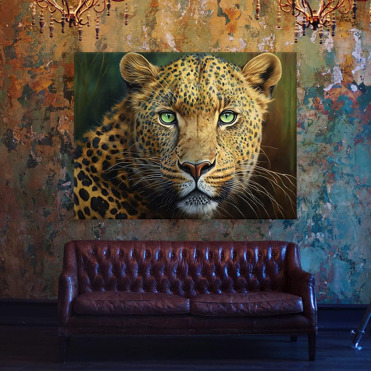 Sense Canvas Arte en lienzo con retrato de leopardo verde 2  Decoración del hogar para pared, póster grande 40 x 30  0.75 pulgadas