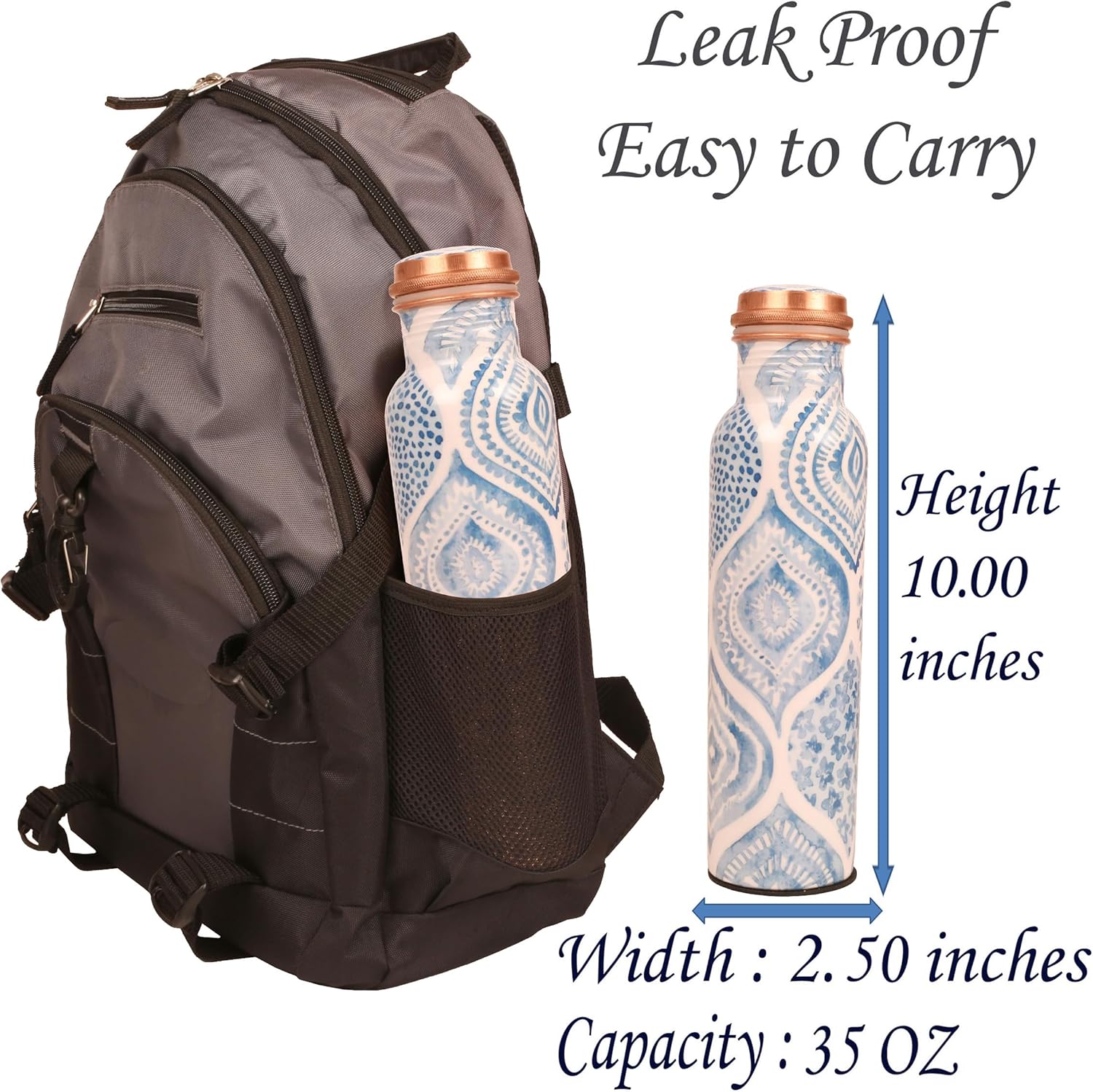 Botella de agua de cobre puro  Hecho a mano  Beneficios para la salud Ayurveda  Grande 35 oz  A prueba de fugas  Fácil de llevar para deportes,