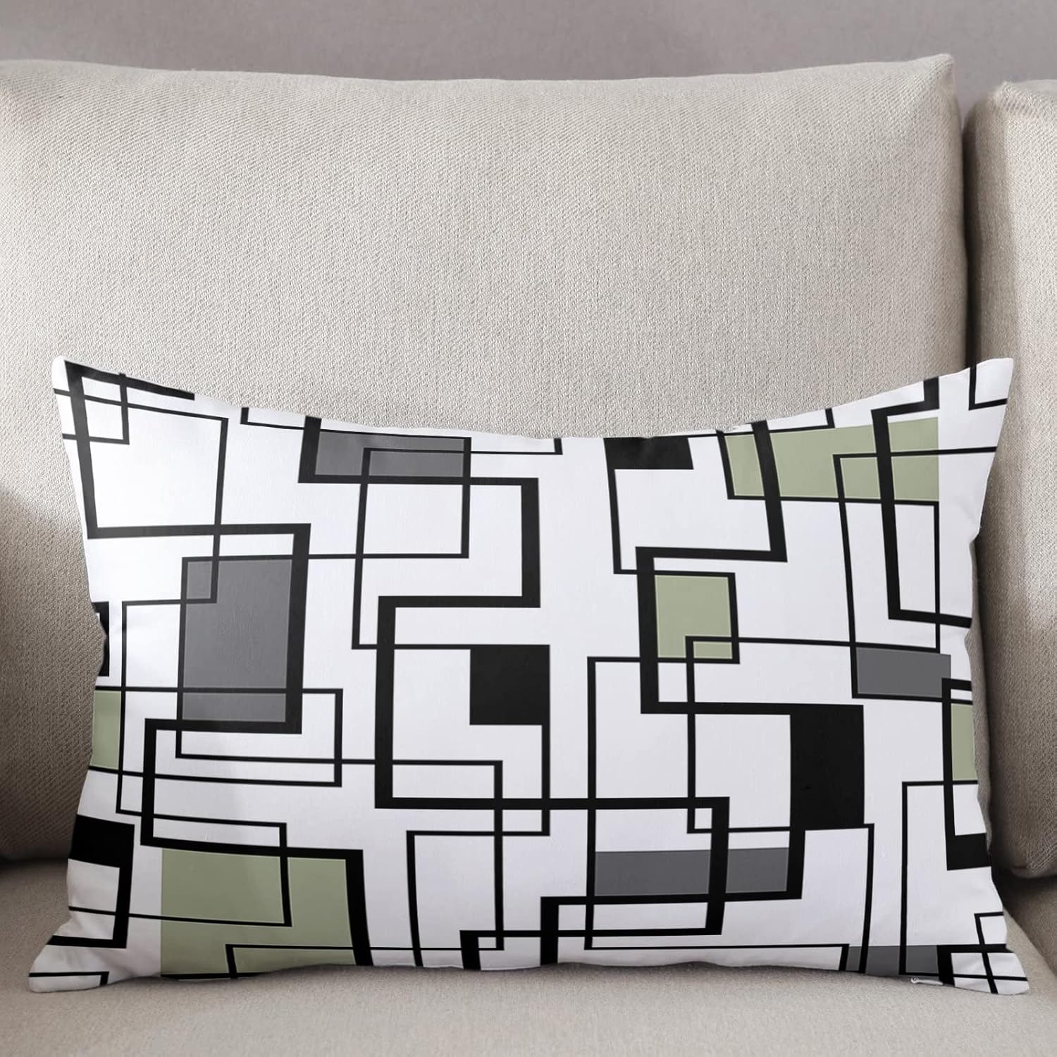 Sage Green Geometric Pillow Covers, Linen Long Throw Pillow Case, Black Gray Modern Abstract Art Holiday Pillow Protector Decorative Cushion Cover