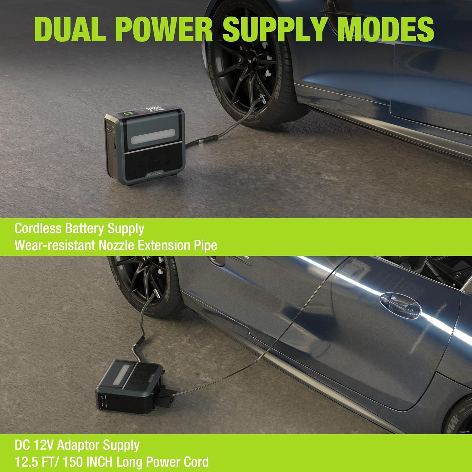 WORKPRO Inflador de neumáticos, compresor de aire portátil, bomba de aire portátil de 12 V para neumáticos de automóvil con batería de 7500 mAh,