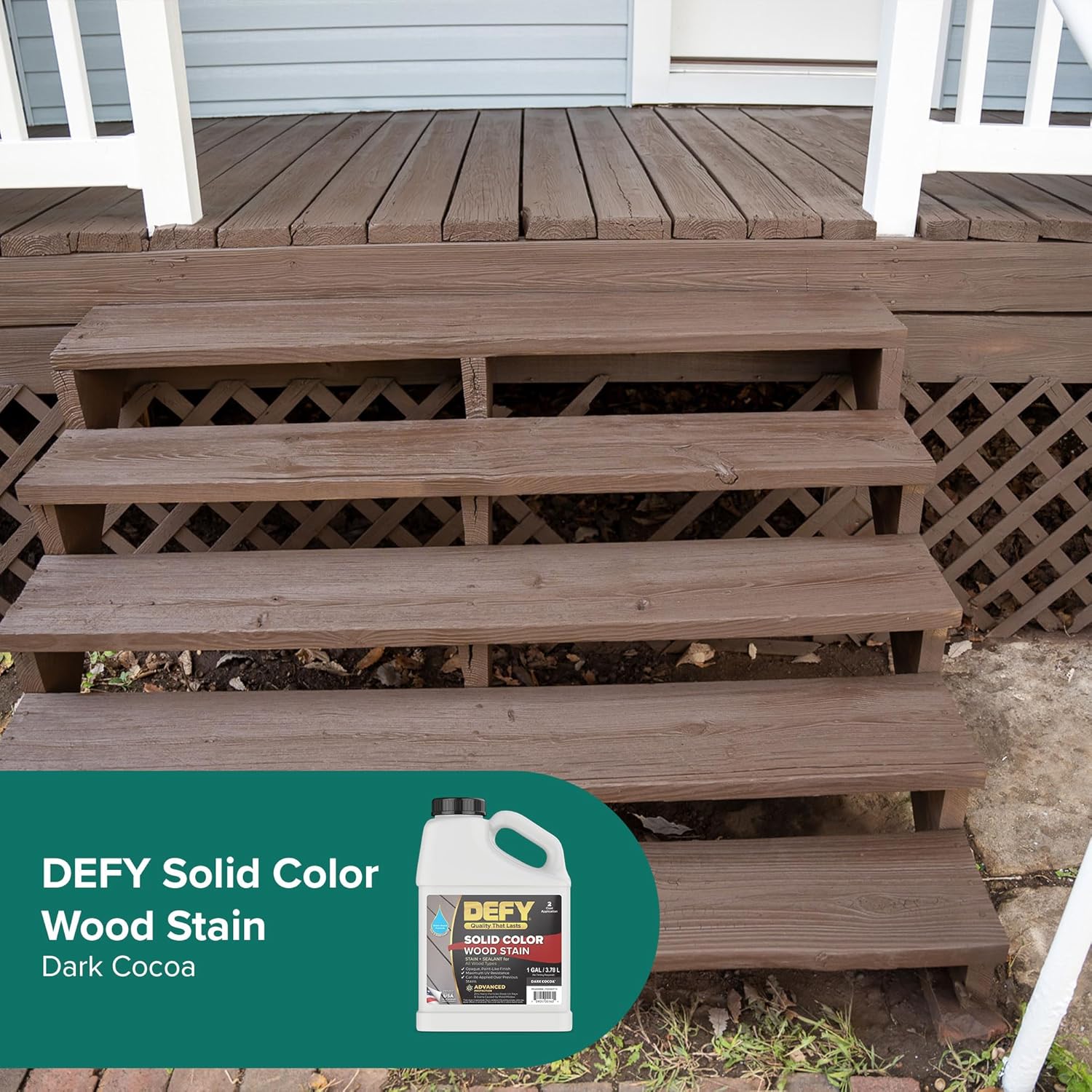 DEFY Tinte para madera de color sólido, cacao oscuro, 1 galón, pintura de cubierta de larga duración para madera y manchas de cercas, pintura de