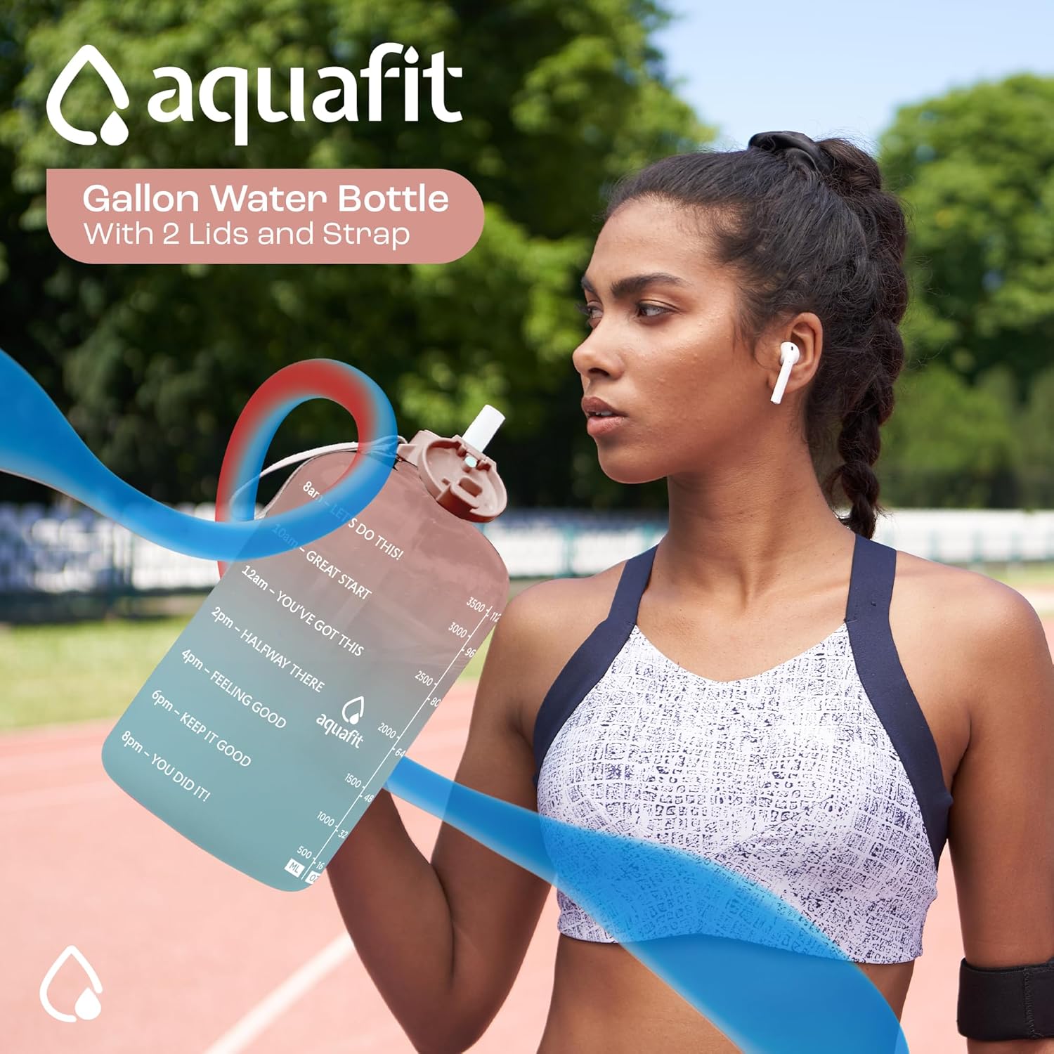 AQUAFIT Botella de agua de 1 galón con marcador de tiempo, botella de agua de 128 onzas con popote, botella de agua para el gimnasio, botella de