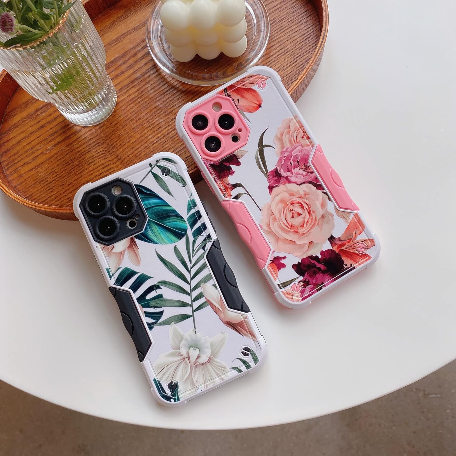 Hosgor Funda para iPhone 13 Pro para mujer, funda de cámara con purpurina brillante para diseño de flores, suave, resistente, híbrida, protectora, a