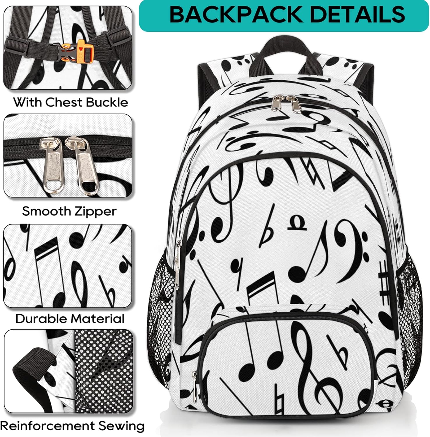 Mochila escolar negra con notas musicales, mochila escolar para adolescentes, niñas, niños, mochila escolar para computadora de hombro, senderismo,