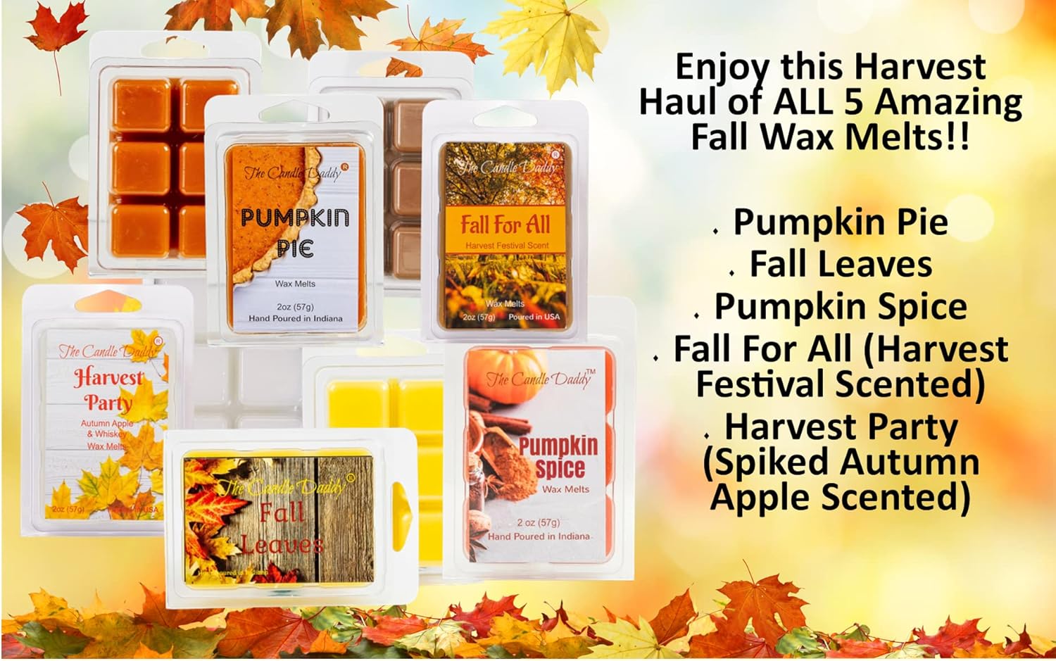 The Candle Daddy Harvest Haul – Paquete de 5 unidades  5 increíbles derretimientos de cera de otoño  30 cubos en total  10 onzas en total