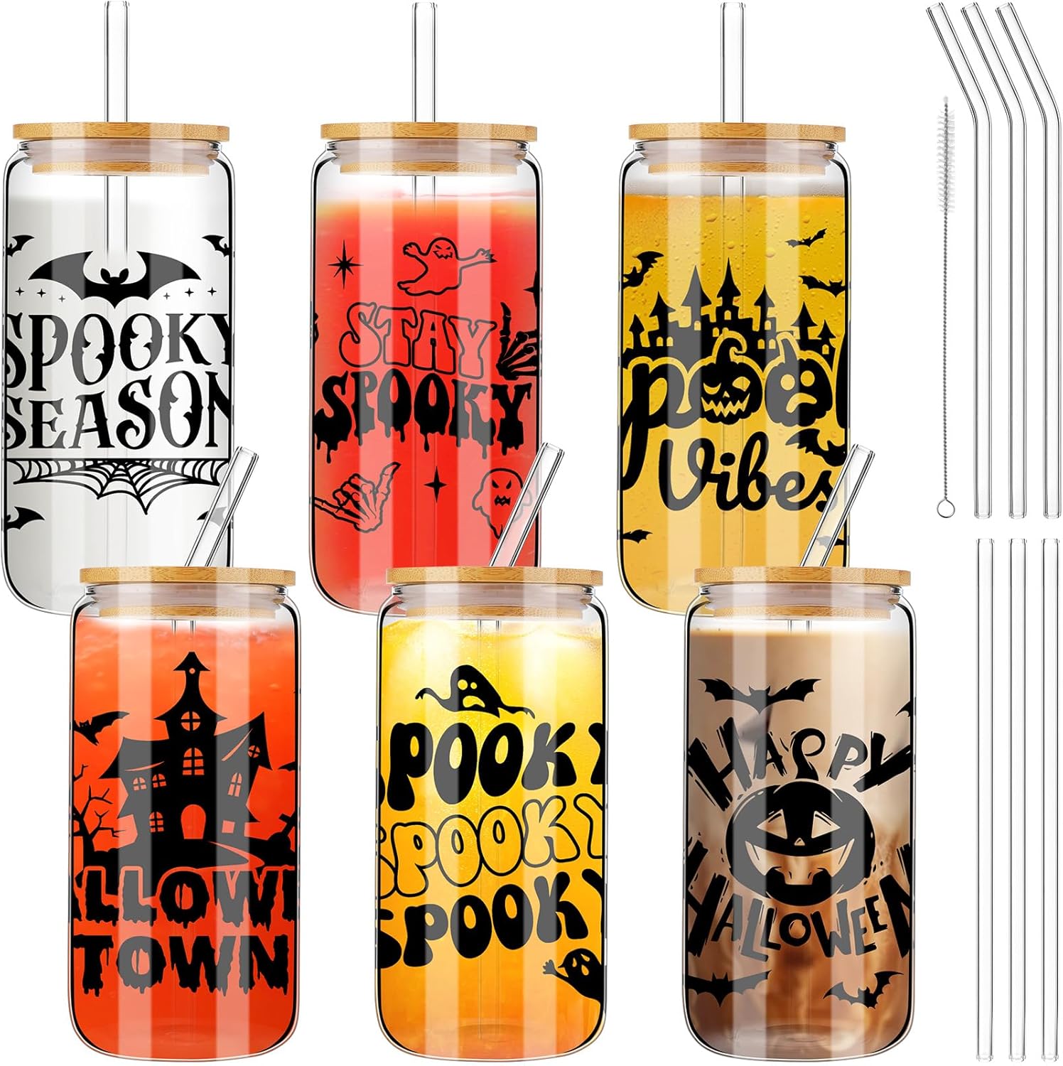 6 tazas de Halloween de 16 onzas, tarro de Halloween con tapa, popote para café, helado, cerveza, cristalería, galletas, regalo, botellas de agua