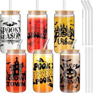 6 tazas de Halloween de 16 onzas, tarro de Halloween con tapa, popote para café, helado, cerveza, cristalería, galletas, regalo, botellas de agua 6 tazas de Halloween de 16 onzas, tarro de Halloween con tapa, popote para café, helado, cerveza, cristalería, galletas, regalo, botellas de agua