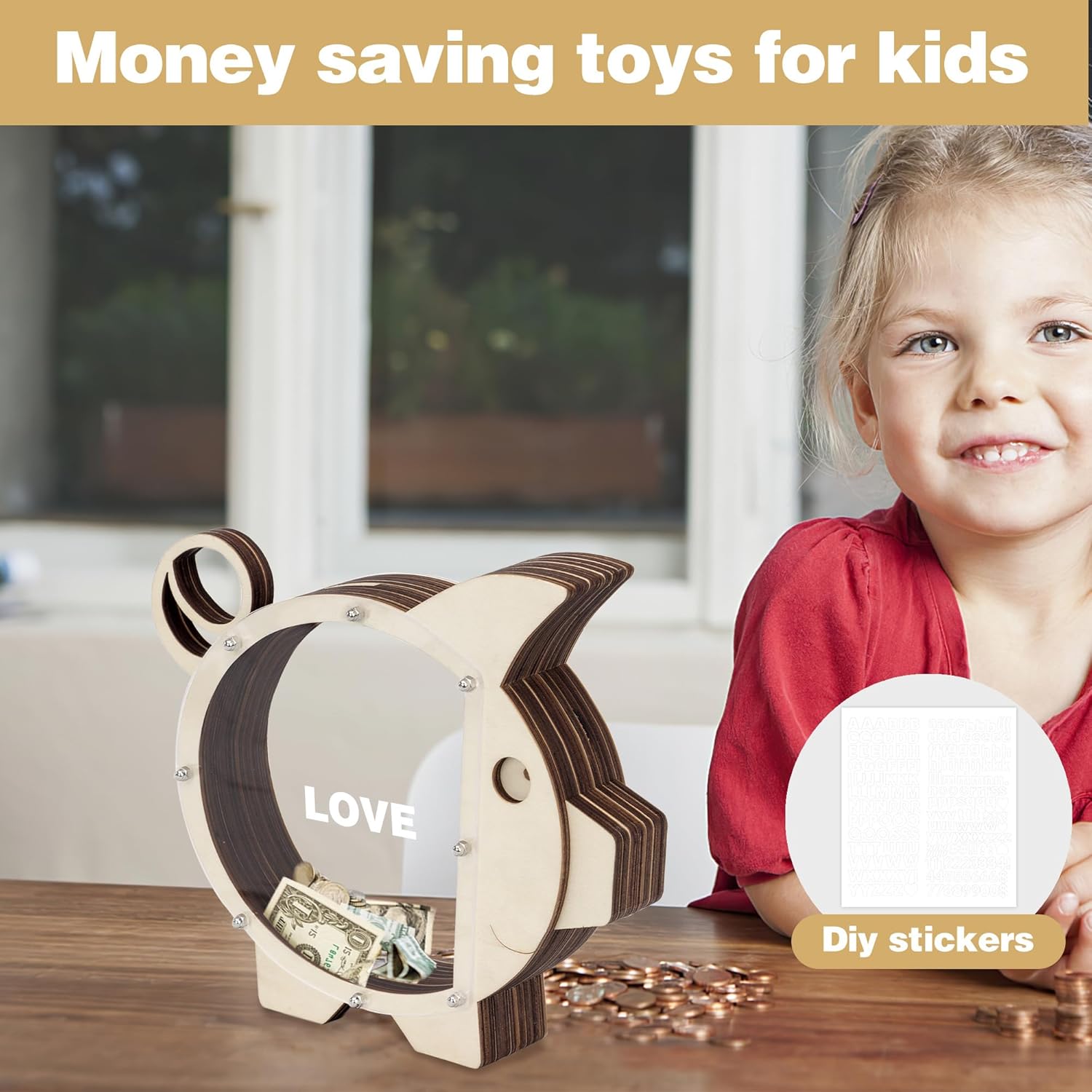 Alcancía de madera Boalord para niños, niñas, niños y adultos, transparente, dinero real, monedero, regalos para niños pequeños