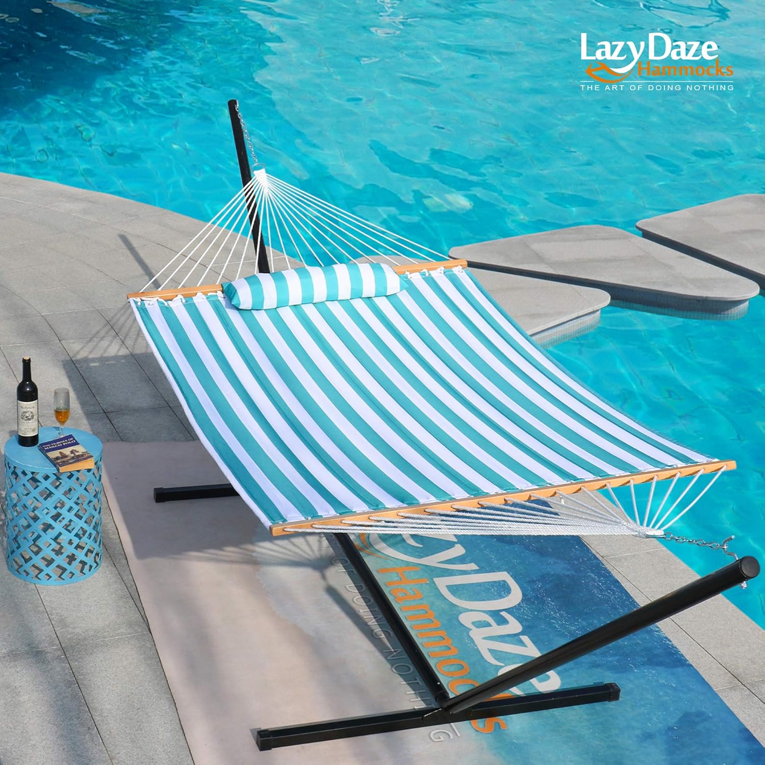 Lazy Daze Hammocks Hamaca doble de tela acolchada de 12 pies con barras separadoras y almohada desmontable, hamaca para 2 personas para patio al