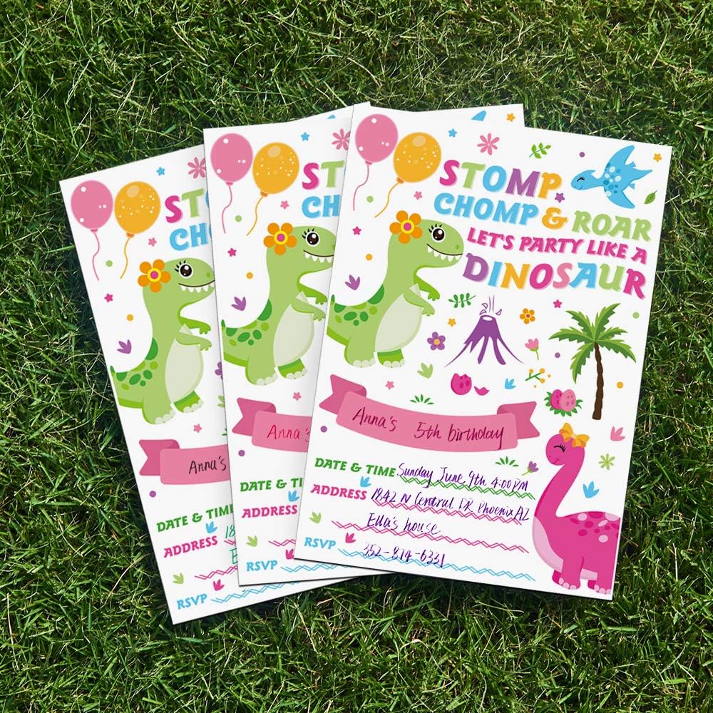 WERNNSAI Invitaciones de fiesta de dinosaurios con sobres, suministros de fiesta de dinosaurios para niñas, cumpleaños, baby shower, fiesta, juego