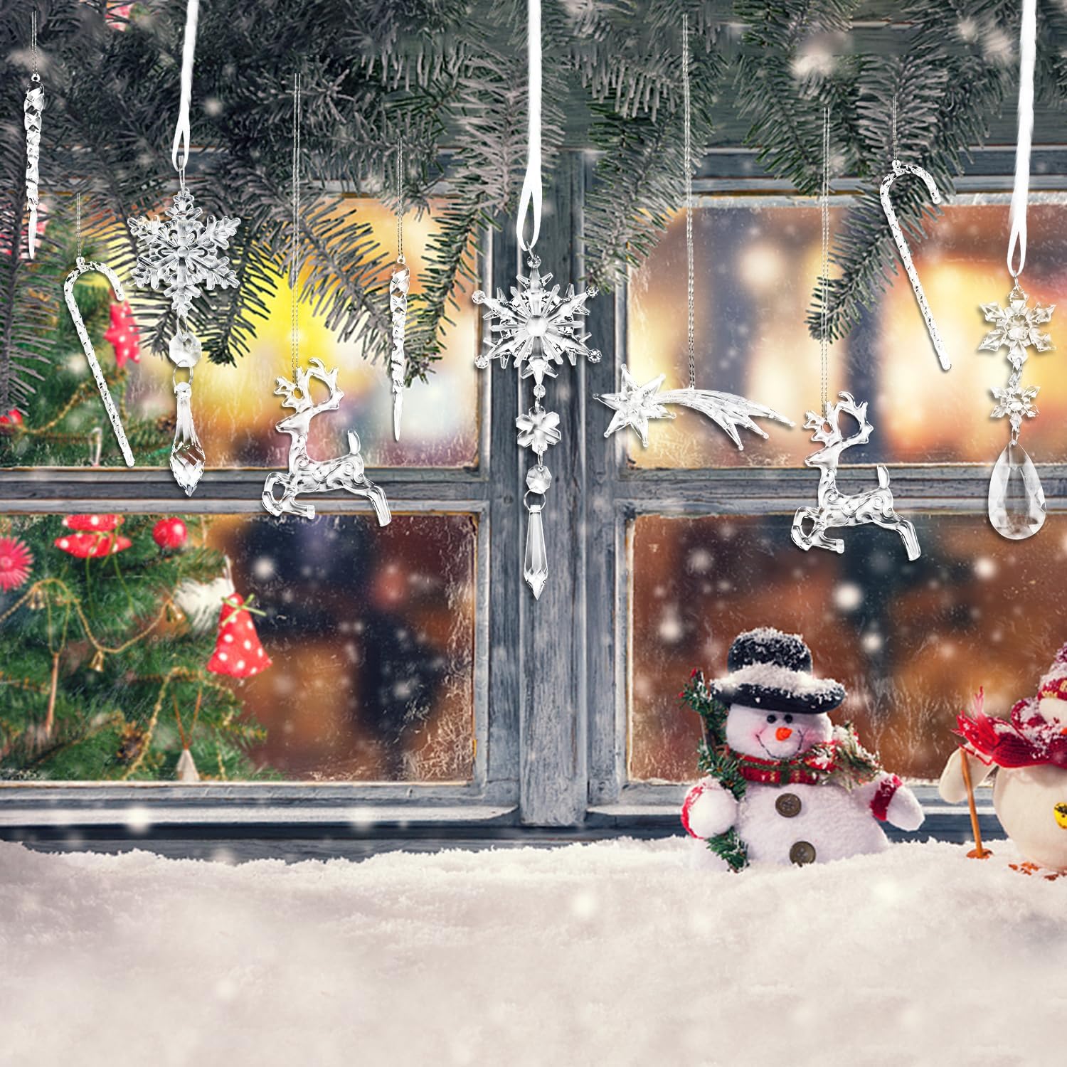 18 adornos de cristal de Navidad, decoración de árbol de Navidad, copos de nieve acrílicos, carámbanos, adornos de cristal transparente para