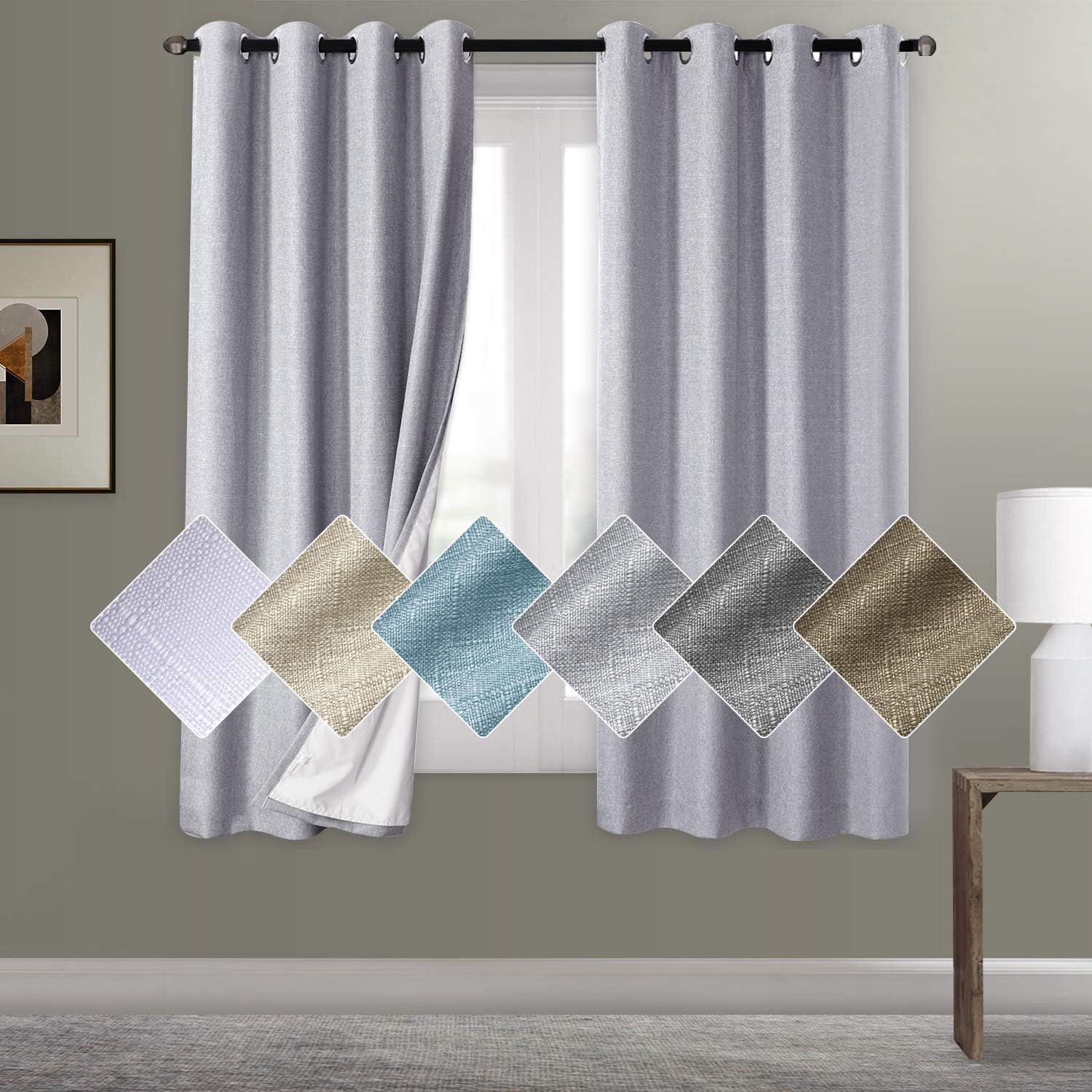 Cortinas 100% opacas de lino texturizado, para oscurecer la habitación, aislamiento térmico, reducción de ruido, bloqueo solar, cortina de ventana