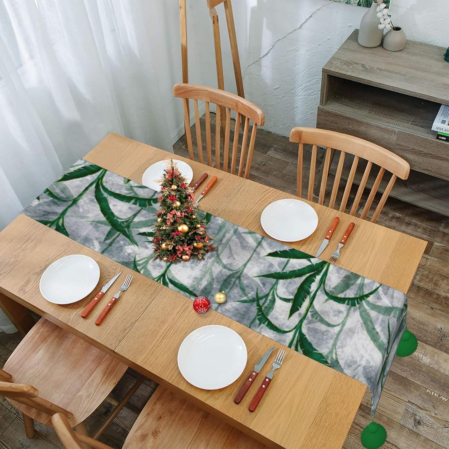 Camino de mesa de Navidad con pasto de acuarela, decoración de mesa de comedor, decoración de Navidad, decoración de interiores del hogar, caminos