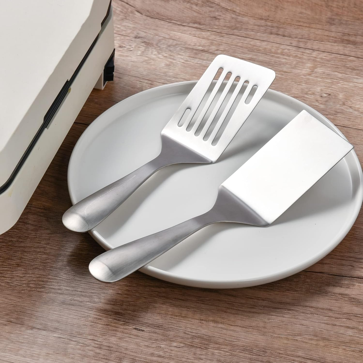 IMEEA Juego de espátulas de metal SUS304 – Espátula de parrilla de acero inoxidable con ranura para hamburguesa con parte superior plana para