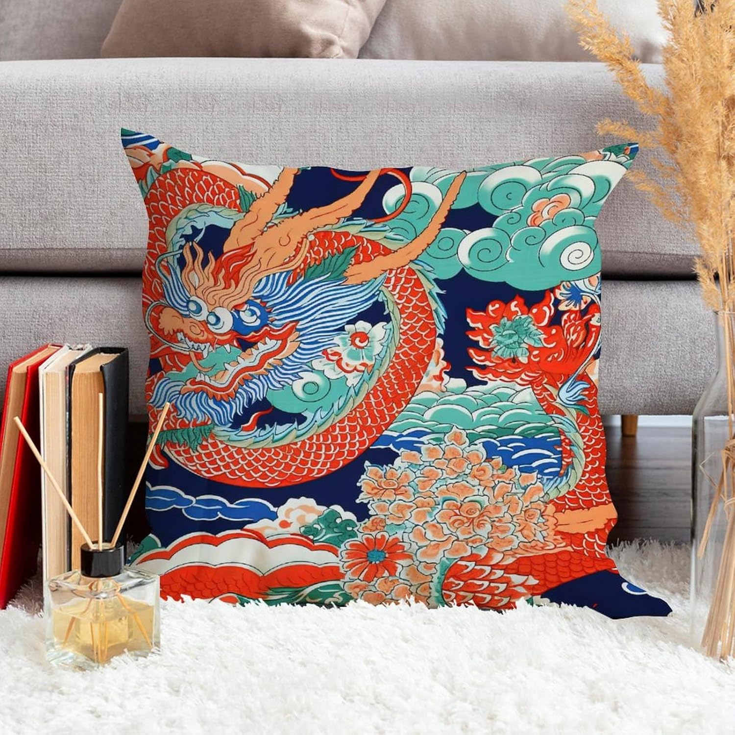 MangGou Funda de cojín tradicional china china para sofá, color azul, verde azulado, índigo, dragón asiático, dragón, naranja, aguamarina, turquesa,