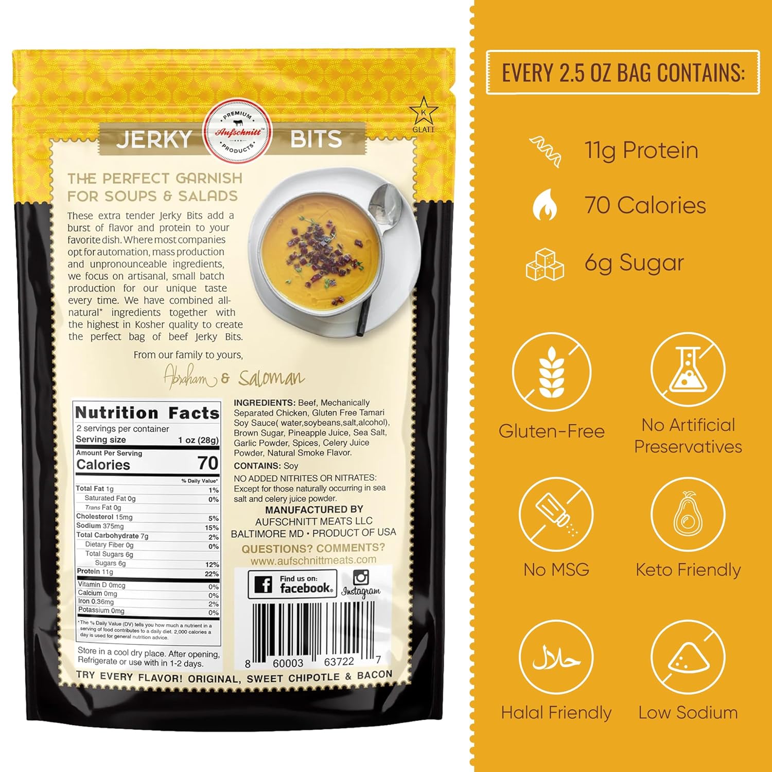 Aufschnitt Jerky Bits – Bocadillos saludables hechos de carne de res y pollo, con alto contenido de proteínas, Kosher, Halal y Keto (paquete de 2,