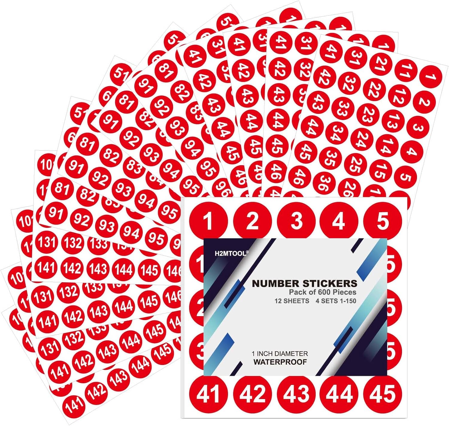 H2MTOOL – Calcomanías de números, 12 hojas, 600 piezas de 1 pulgada 1-150 etiquetas de números consecutivos para oficina, aula, organización de