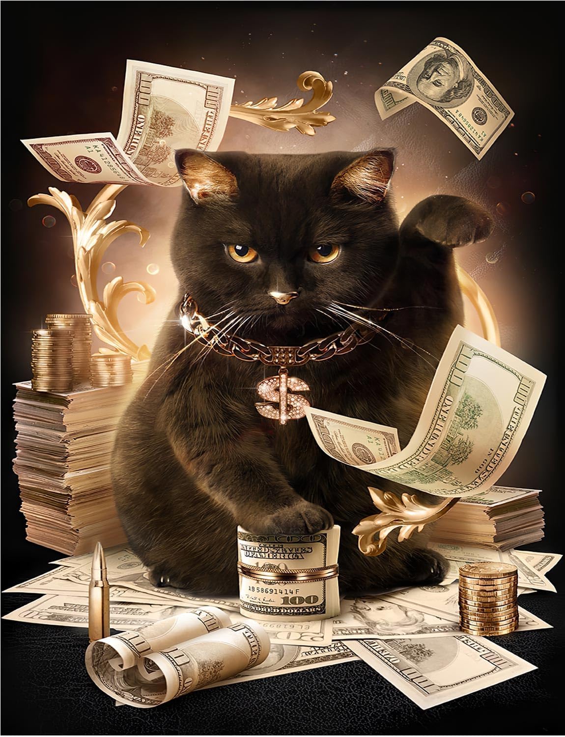 Póster divertido de dólar con diseño de gato de la suerte negro con texto en inglés, arte de pared para amantes de los gatos, arte de oro negro,