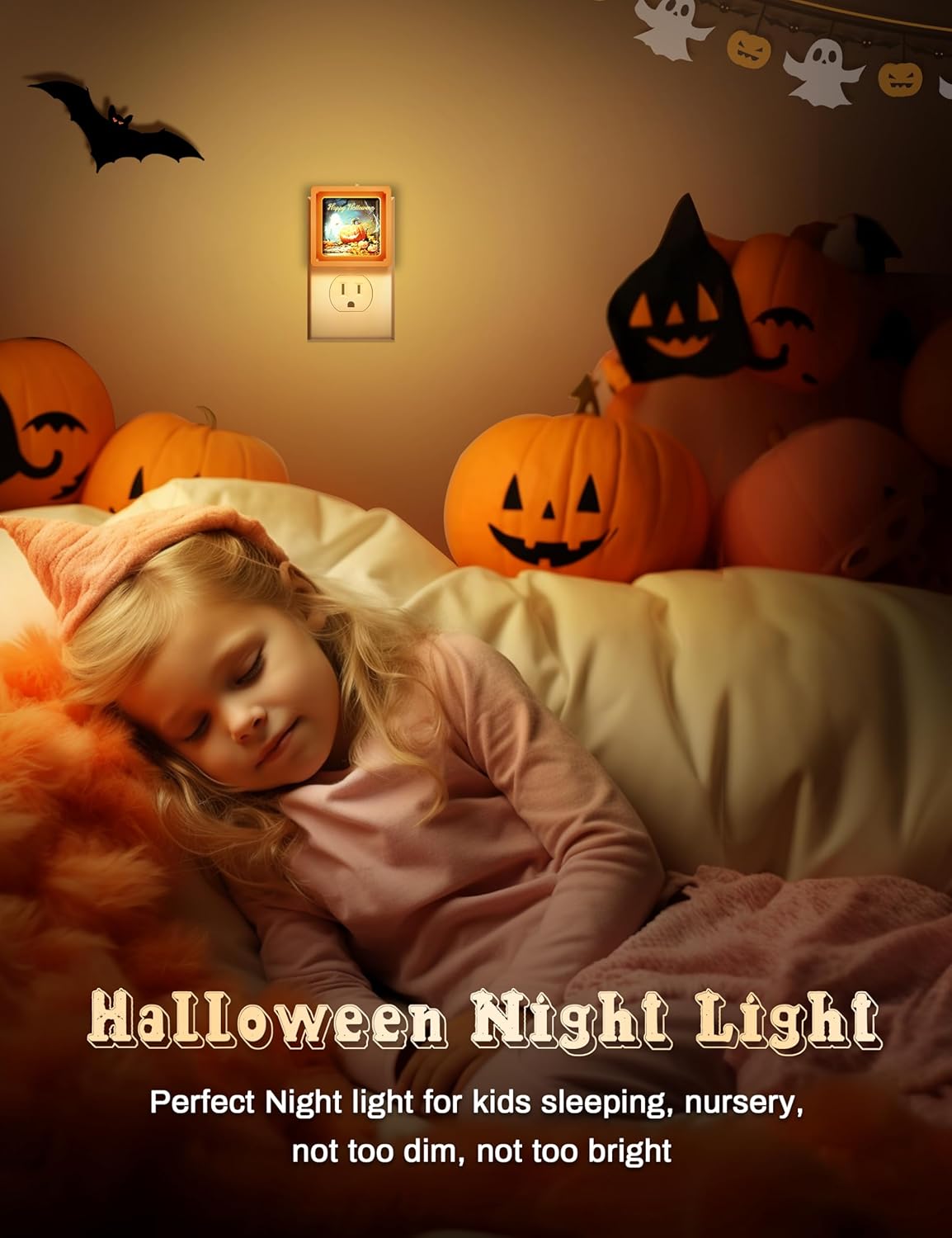 DORESshop Paquete de 2 luces nocturnas de Halloween, luz nocturna LED espeluznante, pintura de calabaza, brillo ajustable, encendido y apagado