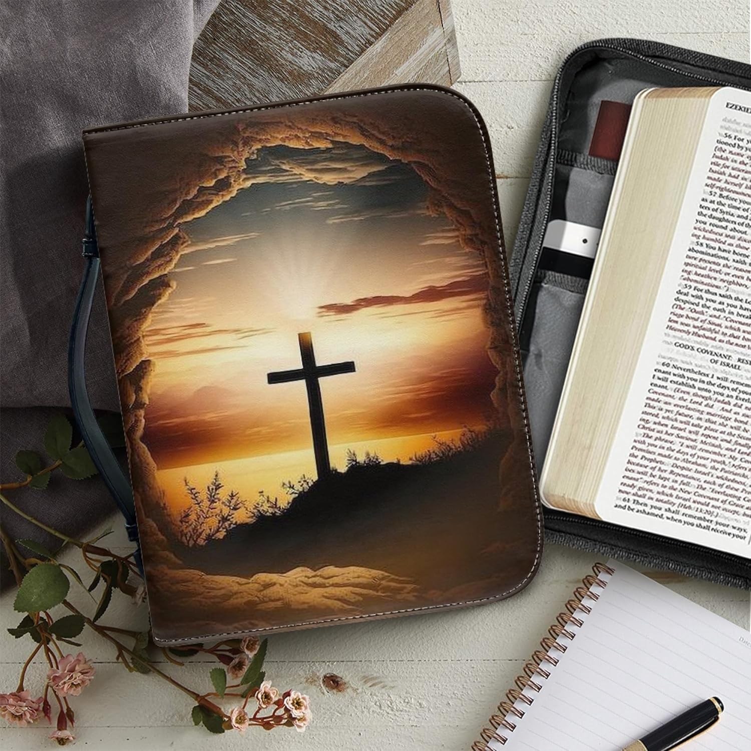 PORCLAY Cross Lay – Funda plana para la Biblia para mujeres y hombres, funda para Biblia con asas, funda de transporte de la Biblia de cuero