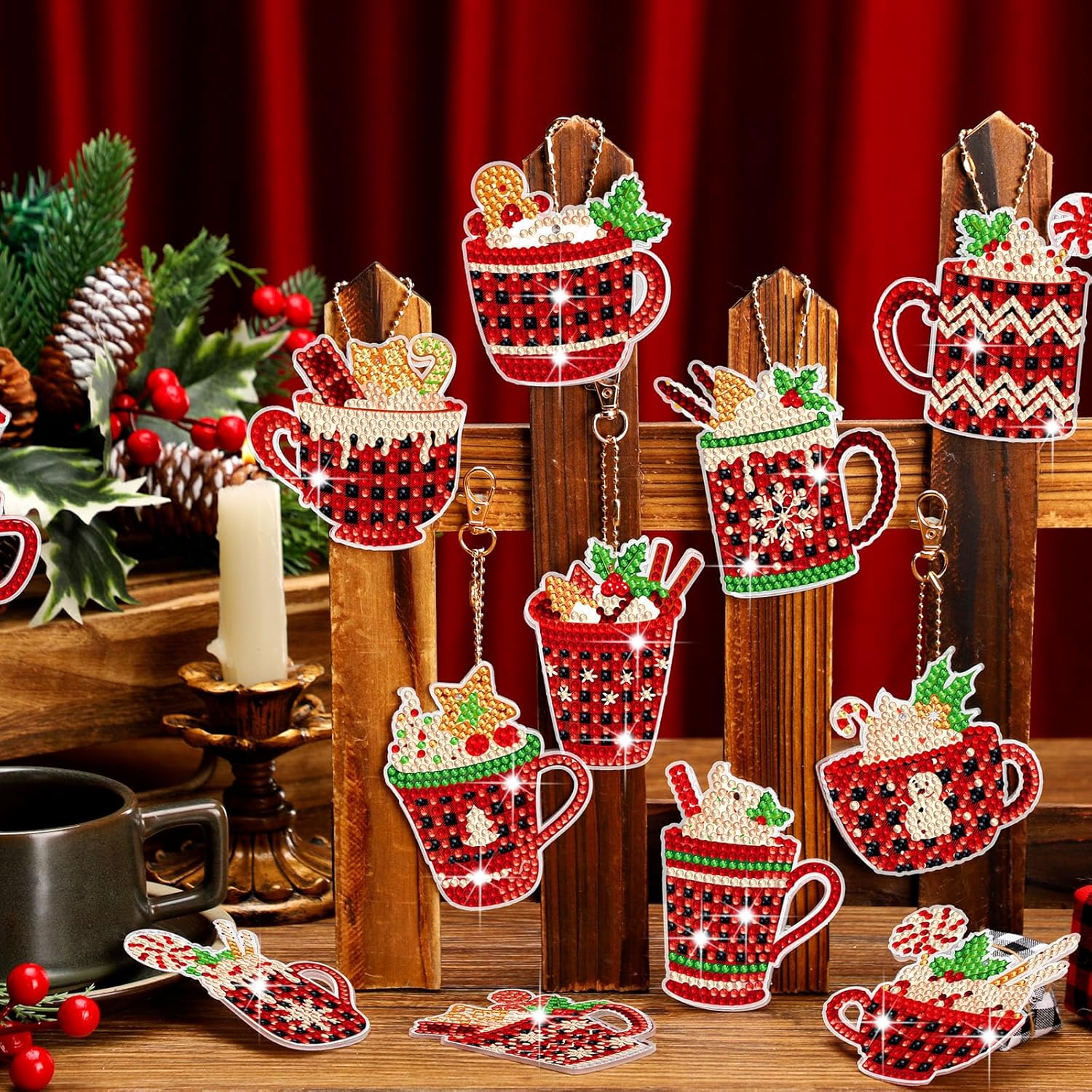 15 piezas de llavero de pintura de diamante de Navidad adornos de pintura de diamante 5D DIY llavero de pintura de diamante caliente cacao caliente