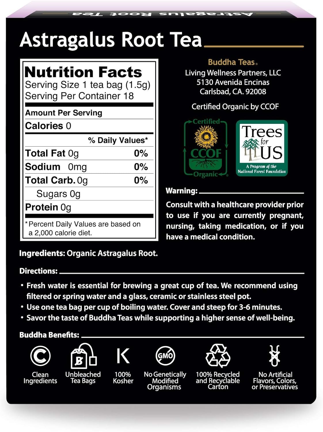 Buddha Teas Té orgánico de raíz de astrágalo – OU Kosher, orgánico USDA, orgánico CCOF, 18 bolsas de té sin blanqueador