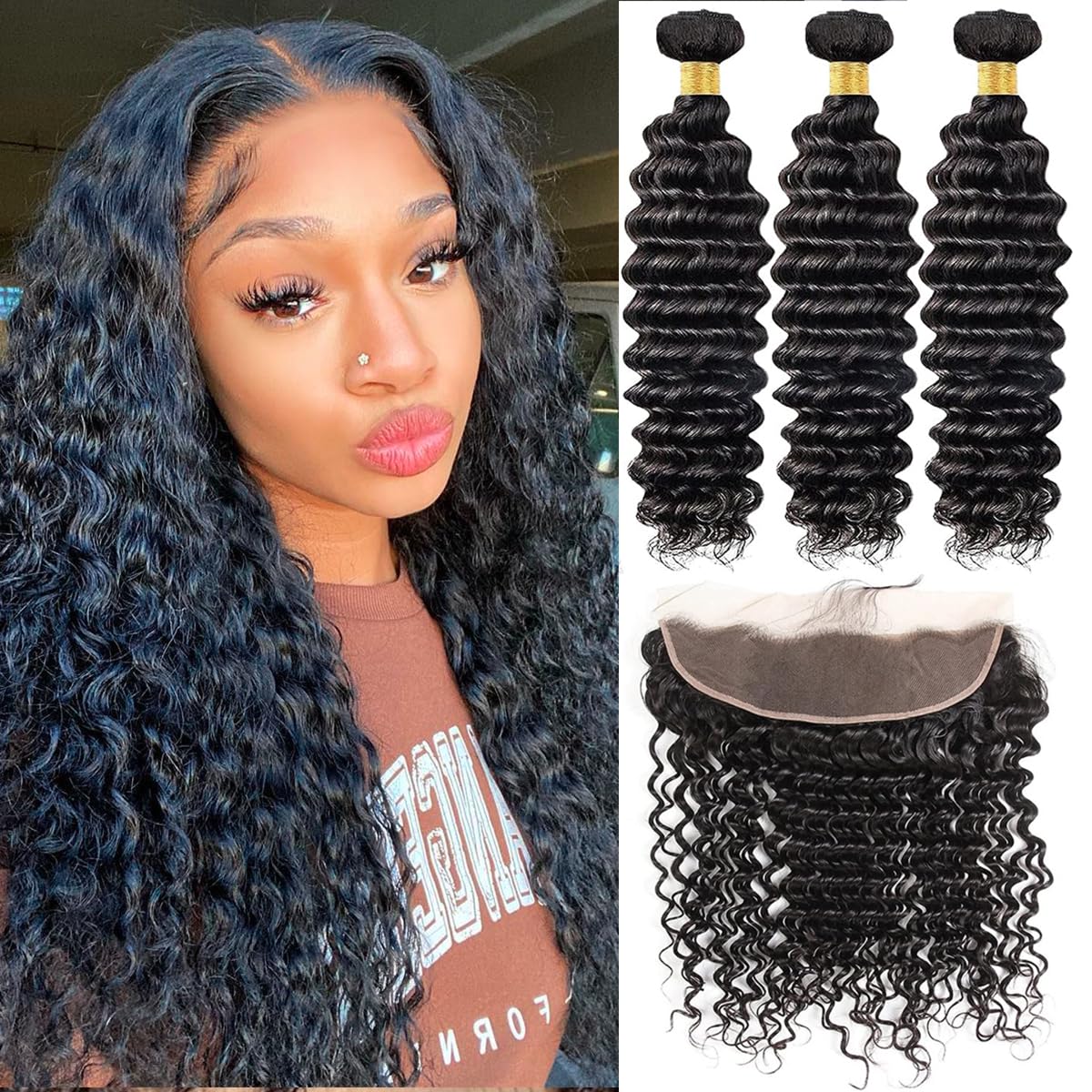 Weydlor Extensiones de ondas profundas con encaje frontal de 13 x 4, cabello humano de 18, 20, 22+16 pulgadas, 3 paquetes con encaje frontal, 100%