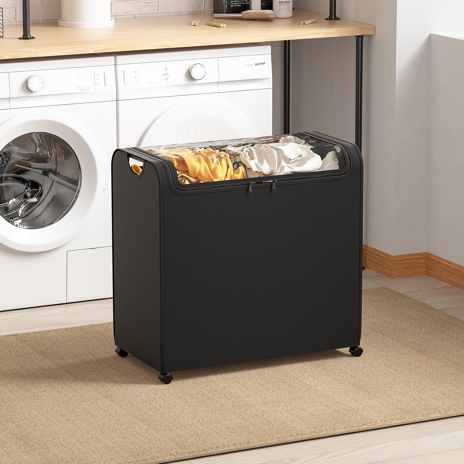 Carrito clasificador de ropa sucia sellado de 100 litros, cesta de lavandería doble con ruedas, cesta de lavandería enrollable con tapa, resistente