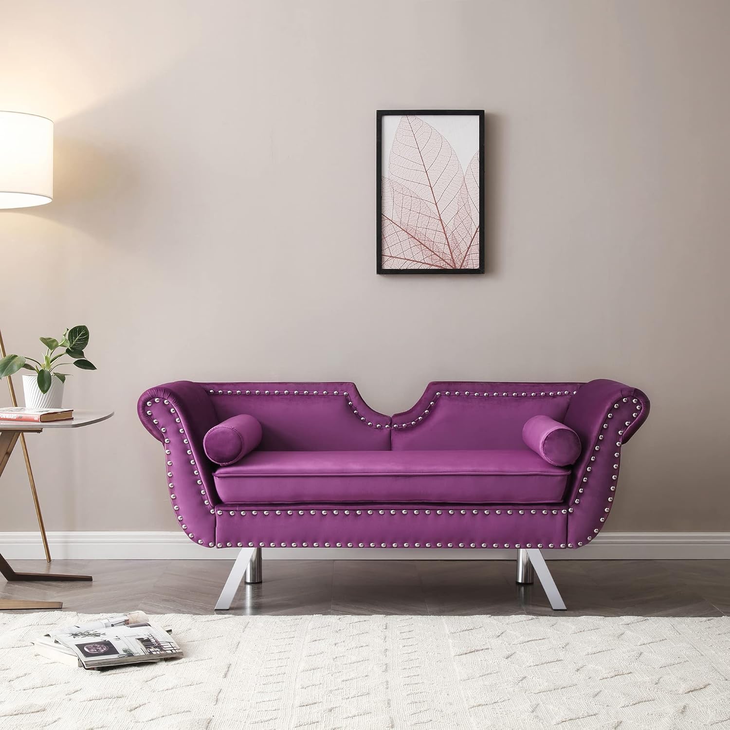 Sofá biplaza de terciopelo de 61 pulgadas, sofá Chesterfield tapizado con 2 almohadas redondas, sofá biplaza moderno de mediados de siglo con