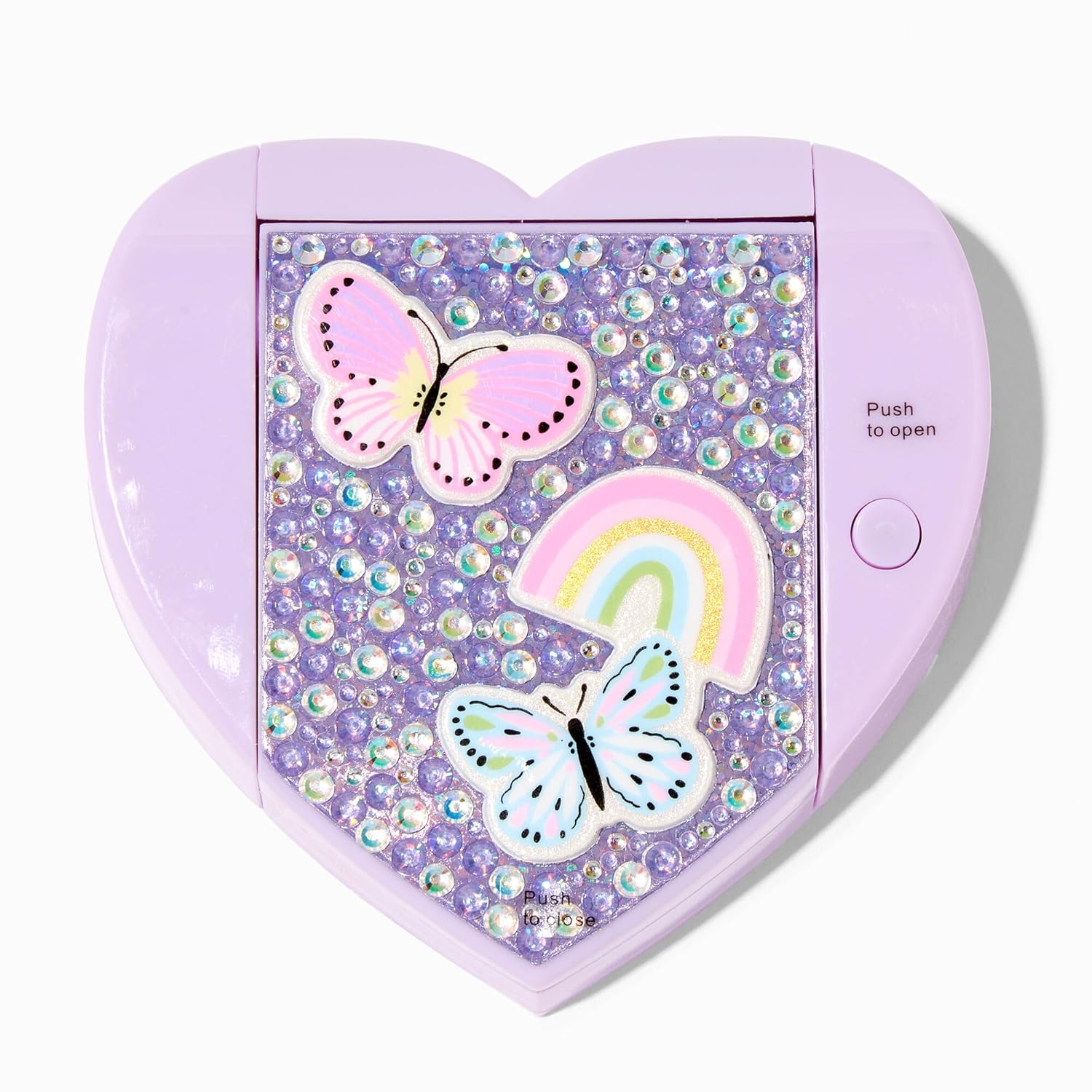Claire’s Accesorios Kit de brillo de labios con purpurina para niñas en un estuche de corazón con piedras preciosas de mariposa