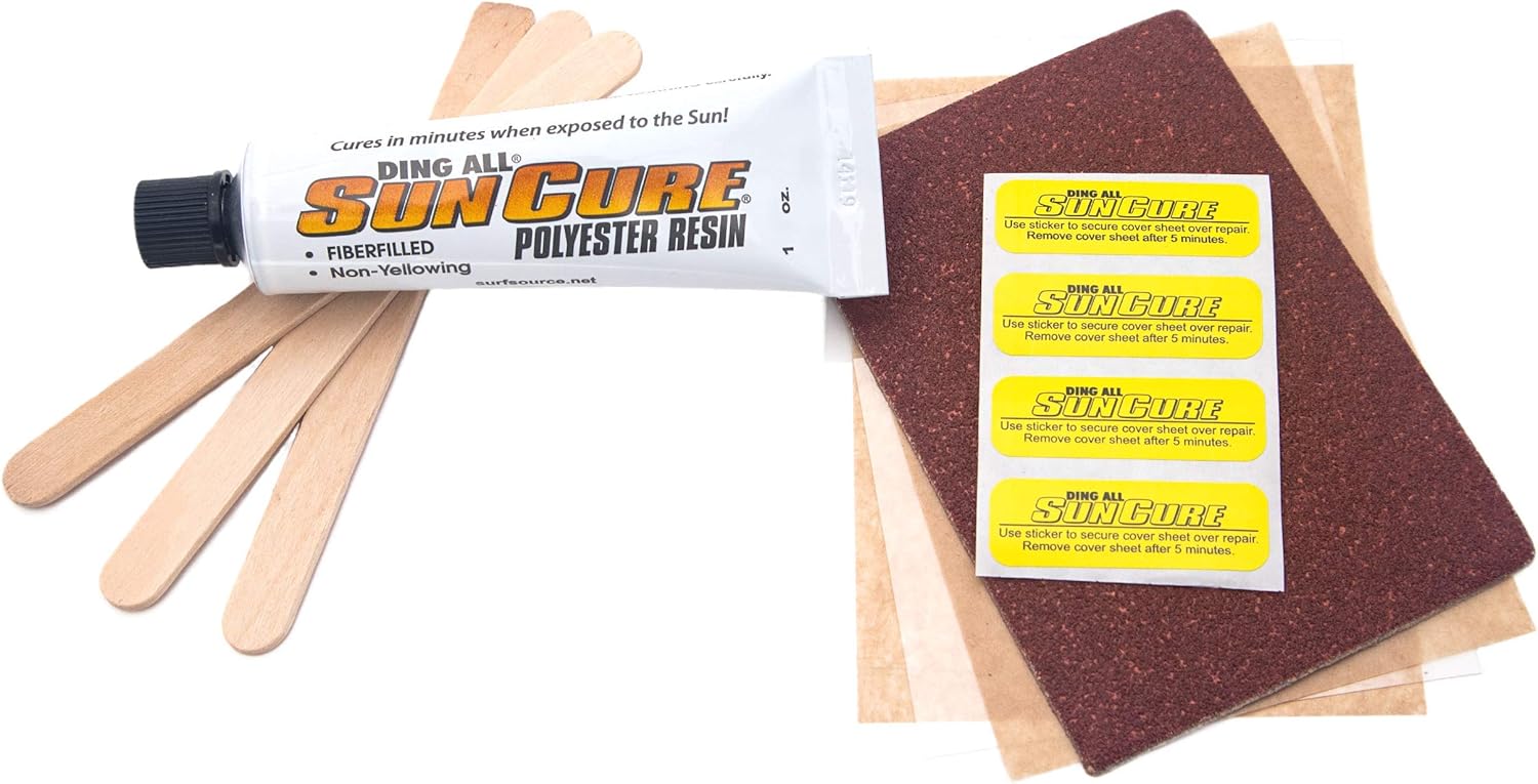 Sun Cure Mini kit de relleno de fibra de 1 oz con reparación de tabla de surf de papel de lija