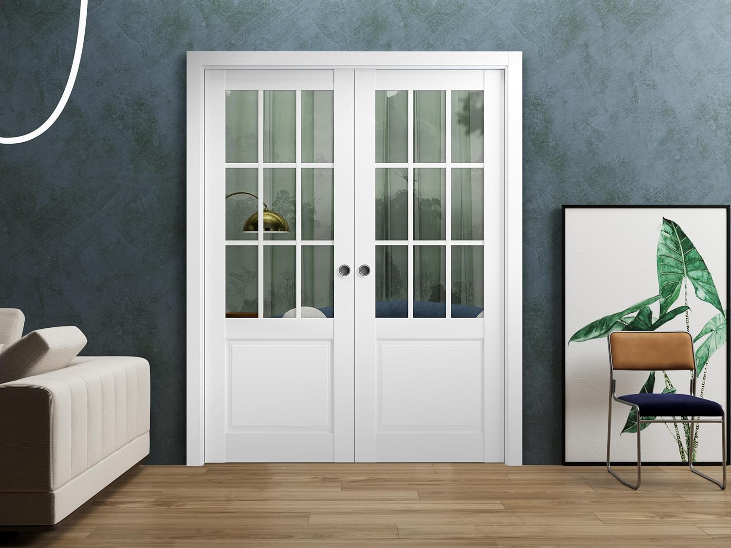 SARTODOORS Felicia 3599 – Puertas correderas francesas de doble bolsillo de 72 x 80 pulgadas, seda blanca con vidrio transparente, kit de herrajes