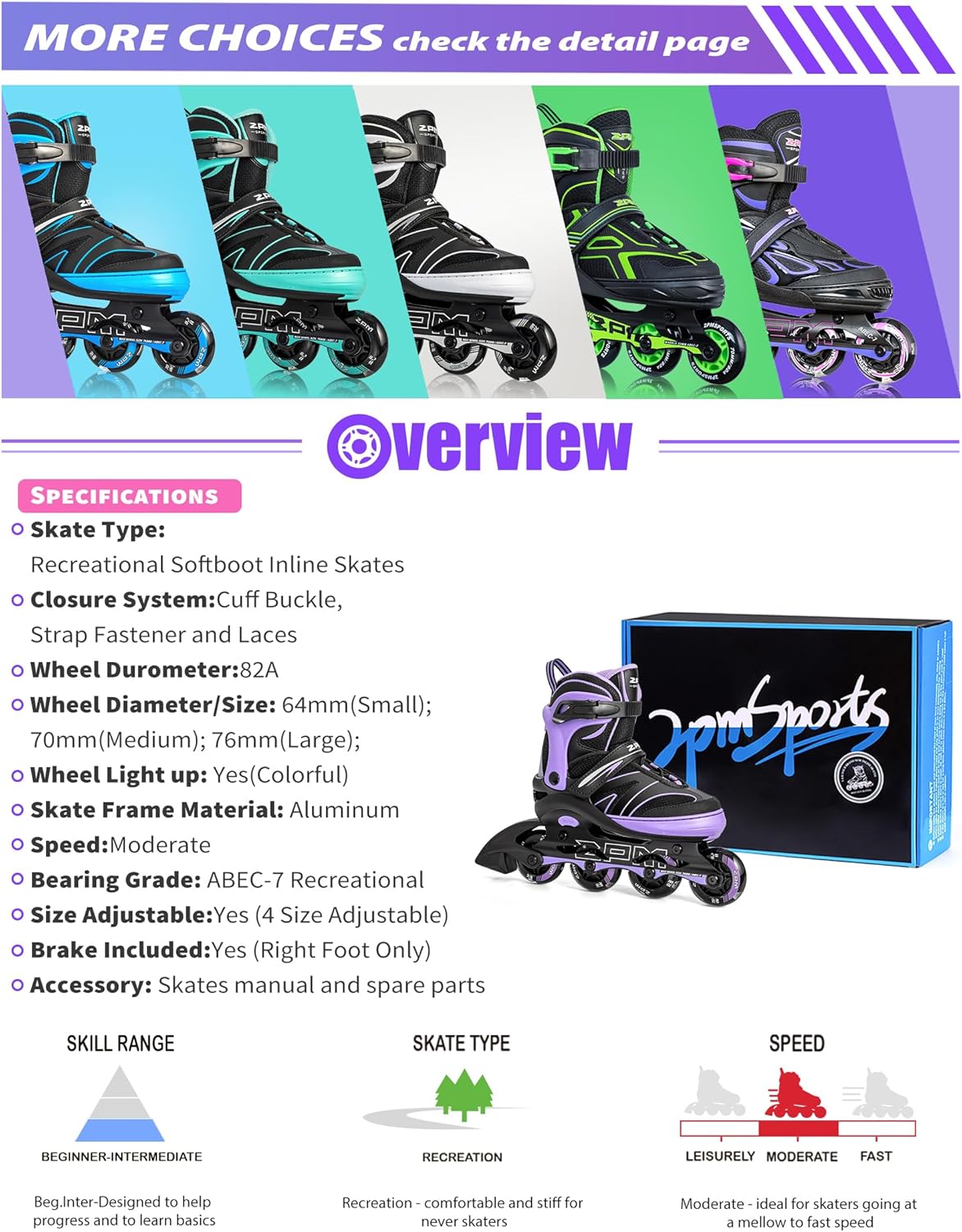 2PM SPORTS Patines en línea ajustables para niños de 4 a 12 años, patines Inlie para niñas y niños de 5 a 8 a 12 años con ruedas de luz completa,