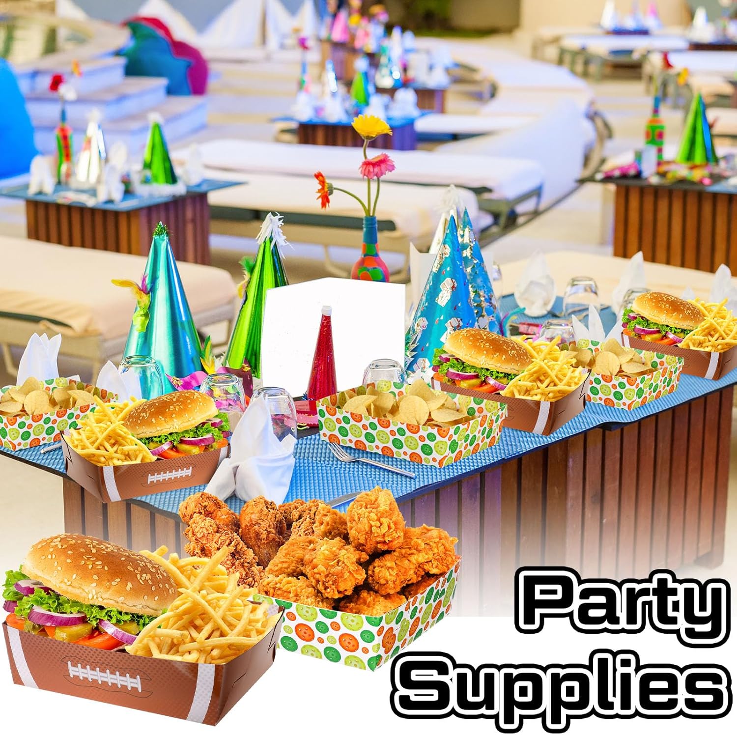 Paquete de 36 bandejas deportivas para fiestas de 5 libras, bandejas de comida de fútbol para nachos, botes de papel grandes, bandeja desechable