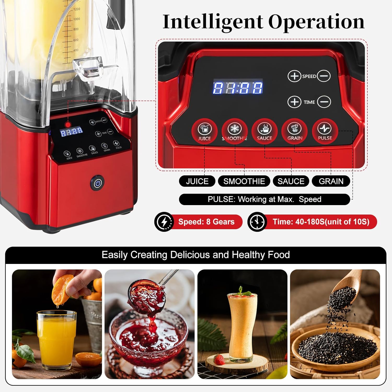 Licuadora de batidos de 2.2L con 8 engranajes ajustables, licuadora profesional de encimera de 2200 W con escudo extraíble para batidos y batidos,