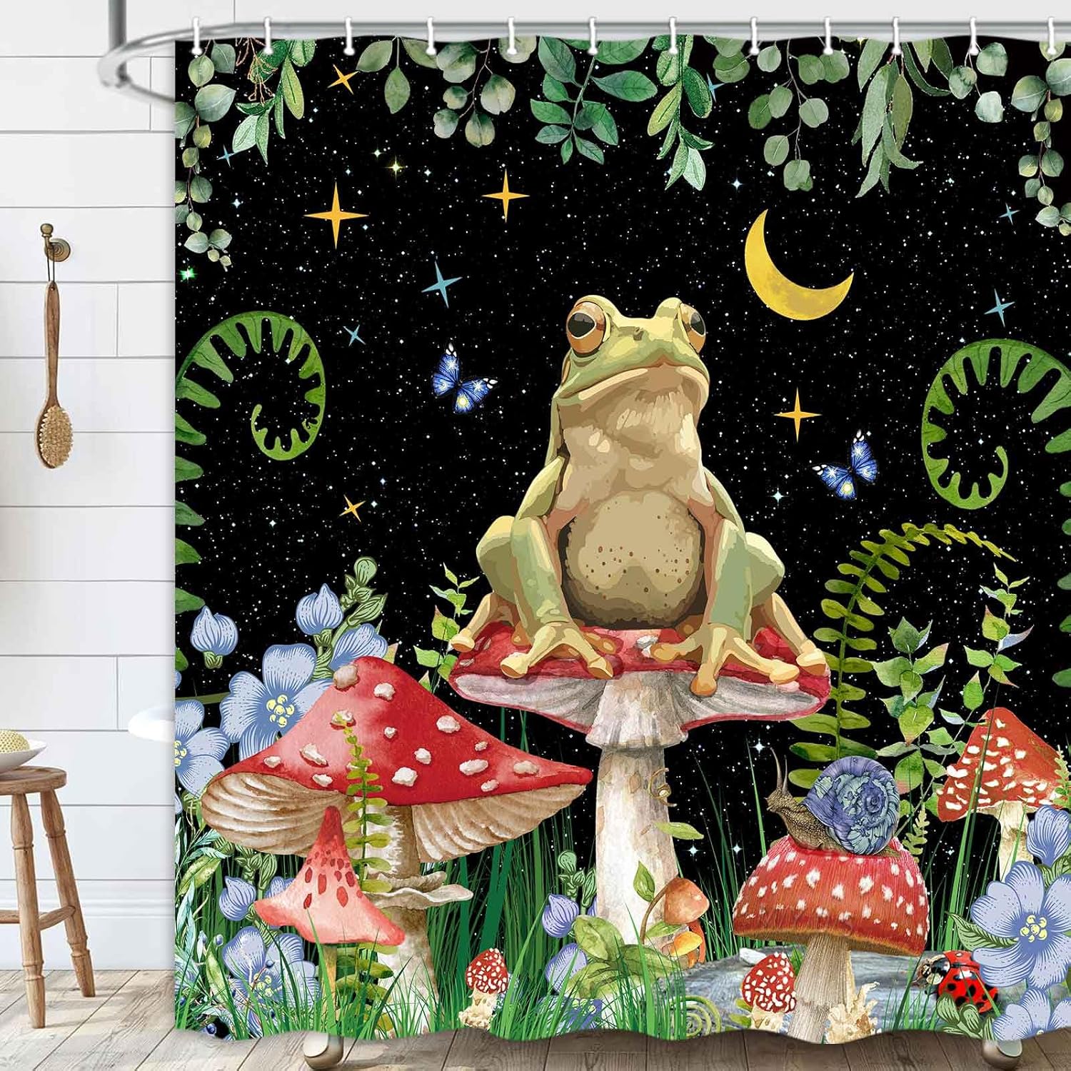 JAWO Cortina de ducha de hongos, cortinas de ducha bohemias con diseño floral, diseño de rana divertida, juego de accesorios de baño con ganchos, 69