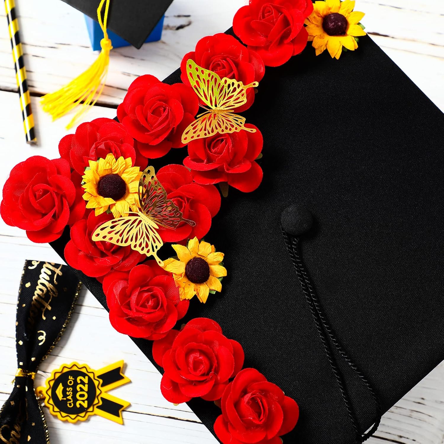 30 calcomanías florales de rosas con parte trasera plana adhesivas, rosas amarillas, cabezas de girasol 3D, calcomanías de mariposa 3D para