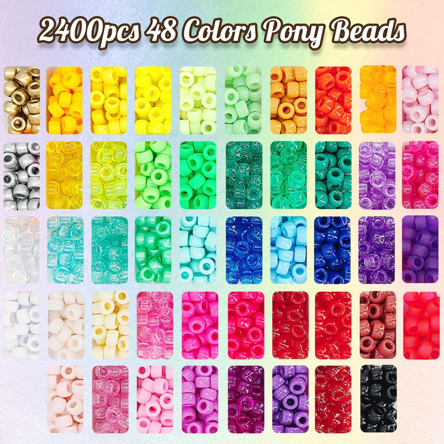 MIIIM Kit de pulsera Kandi de 3400 piezas, 48 colores, 2400 cuentas de pony arcoíris, 800 cuentas de letras, 150 cuentas de cara sonriente, cuentas