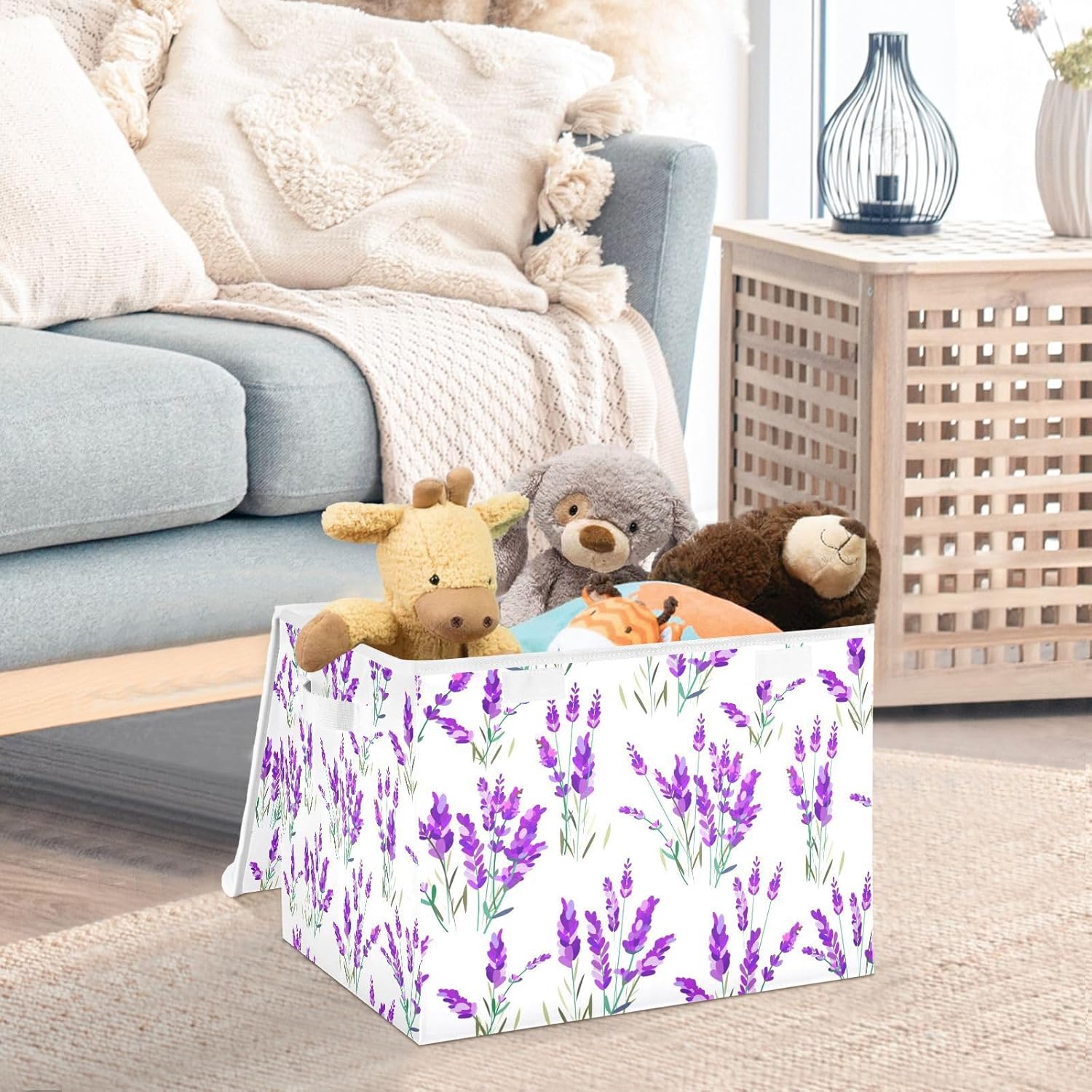 Cajas de almacenamiento de lavanda con tapa abatible y asa, cubo de almacenamiento plegable, canasta de almacenamiento grande para estantes,