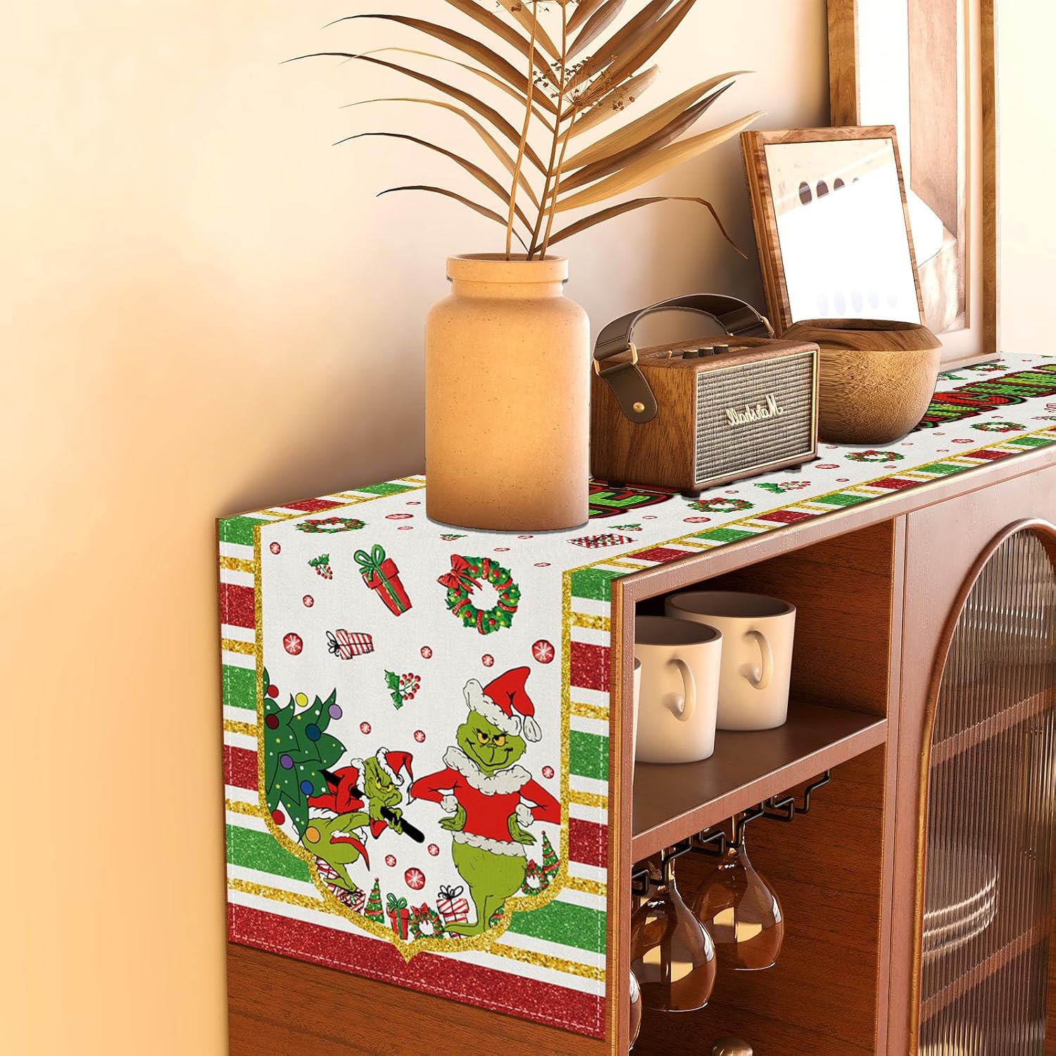 Camino de mesa navideño de lino Grinch con texto en inglés “Merry Grinchmas”, decoración y suministros para el hogar, mesa de cocina, 13 x 72