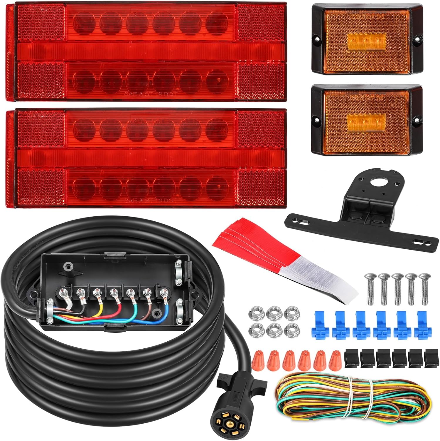 Partsam Kit de luces LED sumergibles para remolque de camión con marcadores laterales, cable de remolque de 7 vías con caja de conexiones de 7