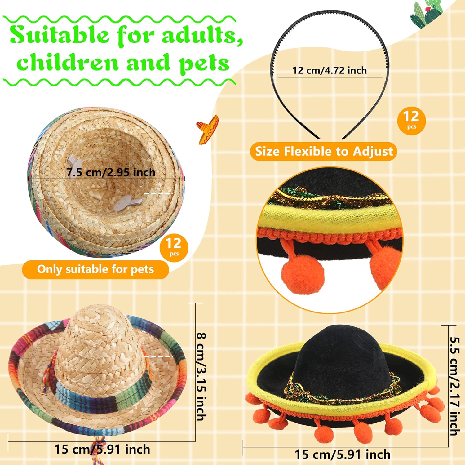 Cagemoga 12 diademas mexicanas para niños, adultos, perros, mascotas