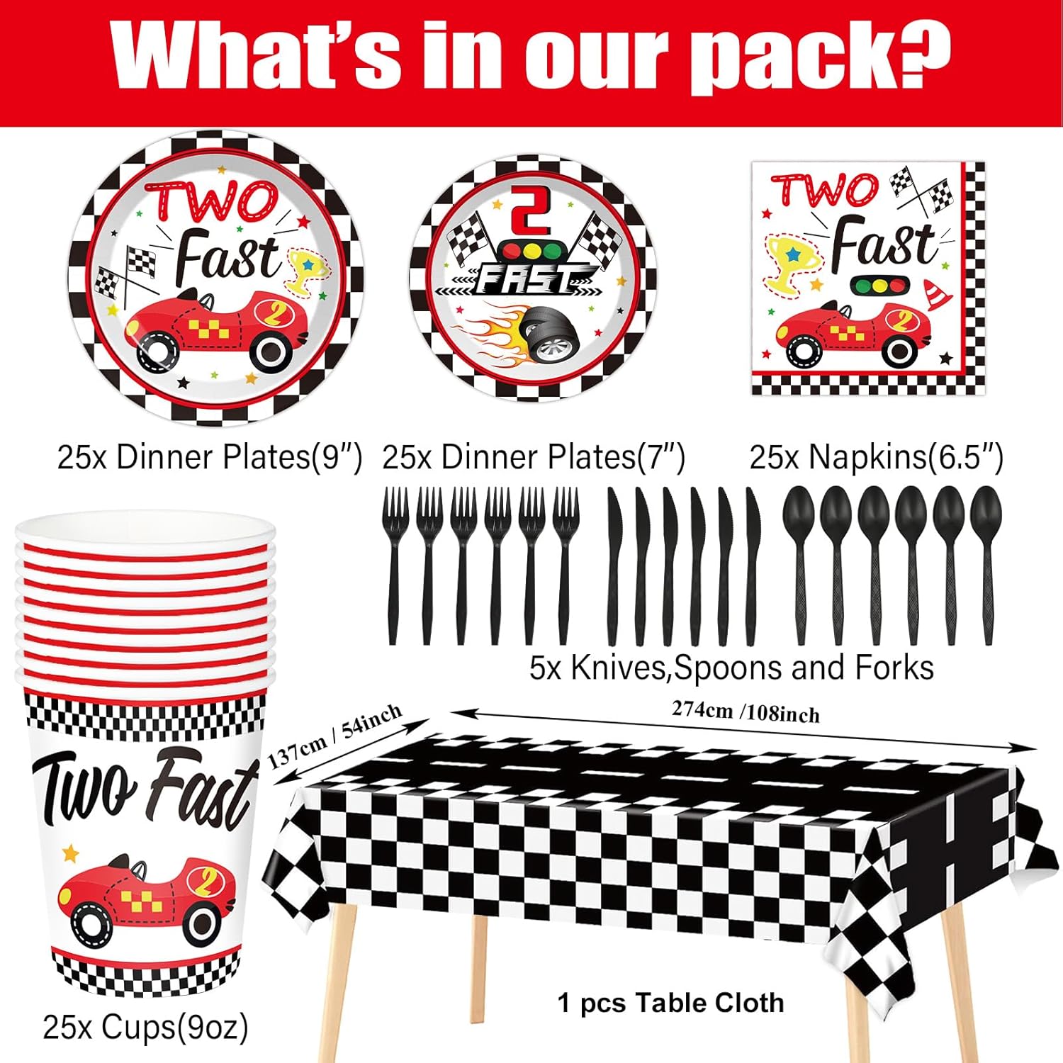 Juego de 184 piezas de suministros para fiesta de cumpleaños rápido, incluye platos de coche de carreras, servilletas, mantel, pancarta, kit de