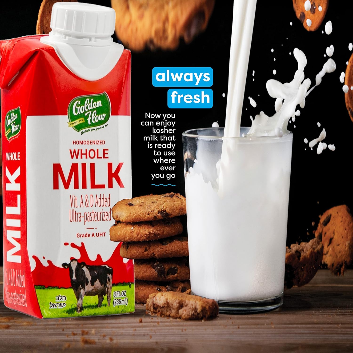 Golden Flow Leche entera duradera  Leche en caja UHT  Fortificada con vitaminas A y D  No necesita refrigeración, Cholov Yisroel, Kosher para Pascua