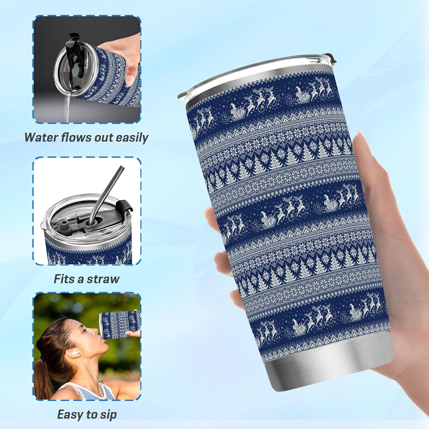 Jihqo Vaso de Navidad con diseño bohemio con tapa y pajilla, vaso aislado de acero inoxidable, taza de café de viaje de doble pared, tazas térmicas