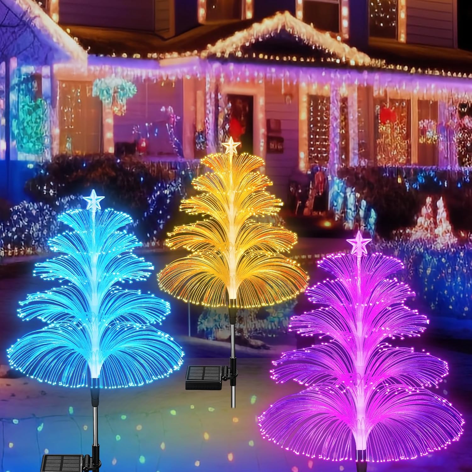 cltowany Luces solares de Navidad para árboles, luces solares impermeables para árbol de Navidad, medusas, 5 capas, fibra óptica, 7 colores