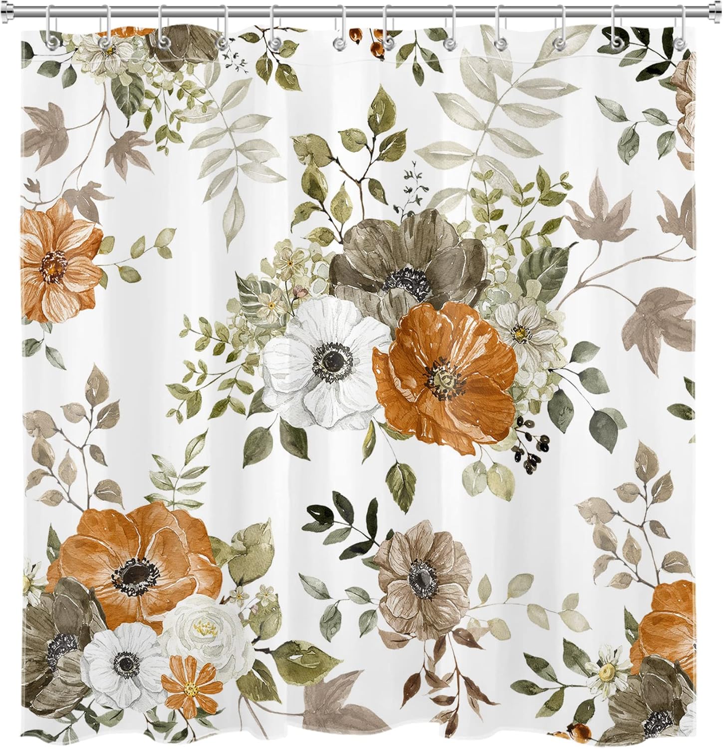 LB Grey and Orange Flower Shower Curtain Sets with Rugs Autumn Country Plant Watercolor Floral on White Fabric Shower Curtain with Hooks Fall