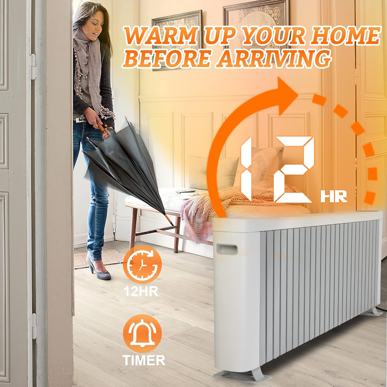 Calentador eléctrico de zócalo de 1500 W, calentador de espacio de habitación grande para uso en interiores, control remoto, pantalla digital LED,