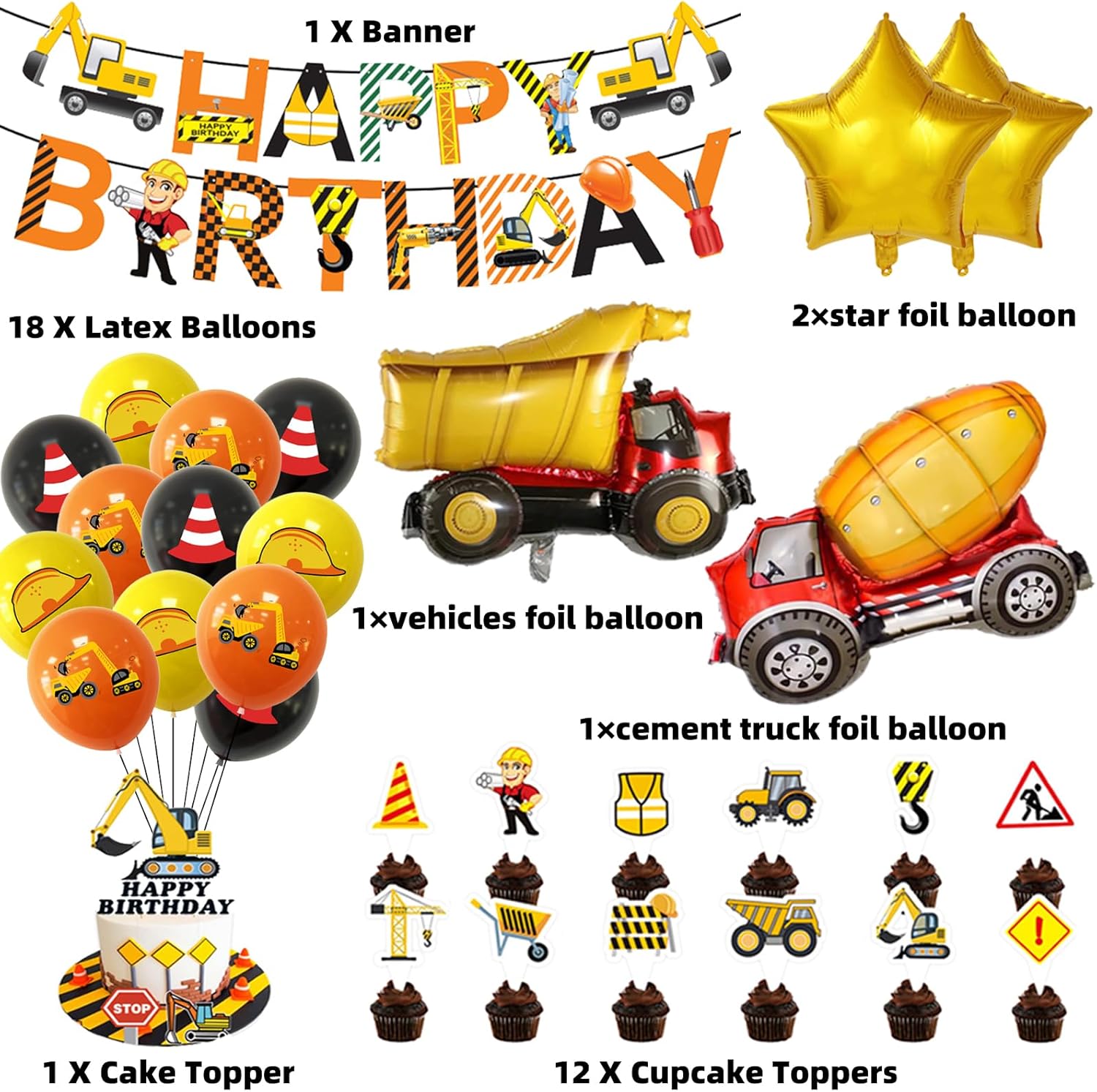 Suministros de fiesta de cumpleaños de construcción, kit de decoración de fiesta de camión volquete incluye pancarta, globos, globos de aluminio,